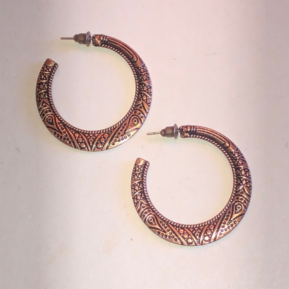 Intricate Copper Tone Etched Boho Hoop Earrings